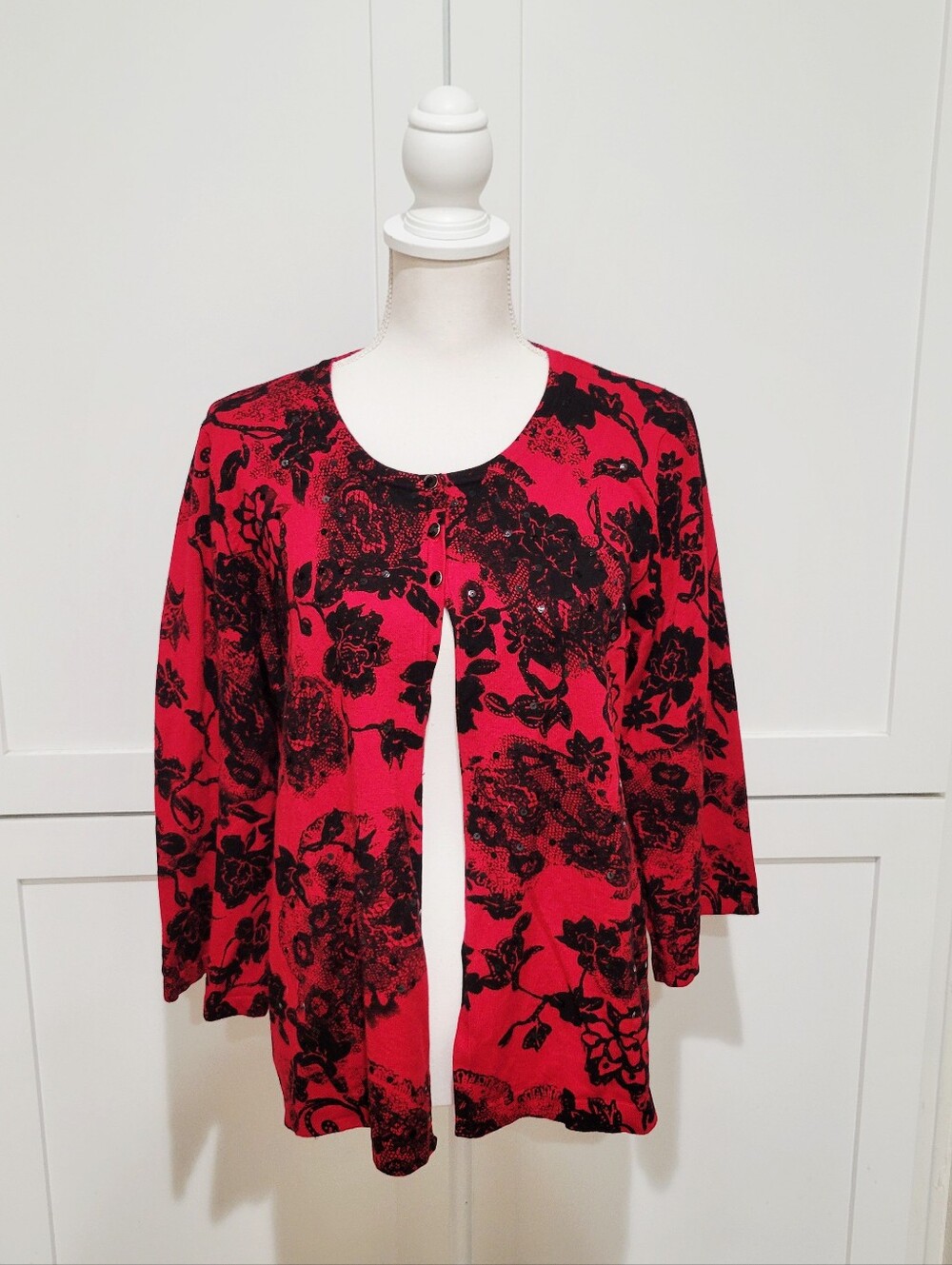 Style & Co. Red and Black Floral Cardigan Sweater